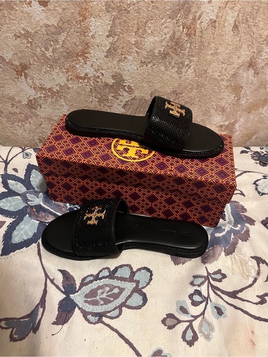 Tory Burch Shoes - Tory Burch Black Slides with Gold Logo Accent